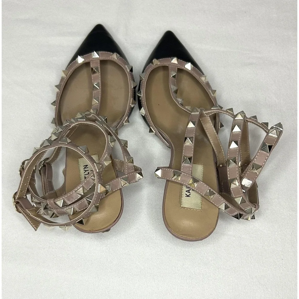 Kaitlyn Pan Shoes Womens 9 Black Studded Strappy Ankle Strap Pointed Toe Heels